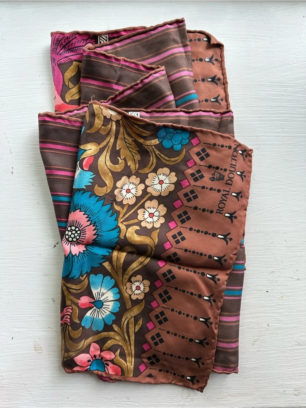 Vintage Royal Doulton Silk Scarf Long Floral Peacock Striped Brown Pink Boho